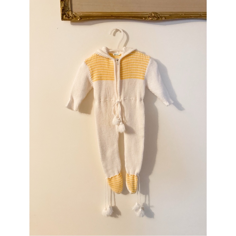 Vintage Knit Baby Onesie White with Yellow Stripes, Tassels, and Hood 1970s 🕺🏼